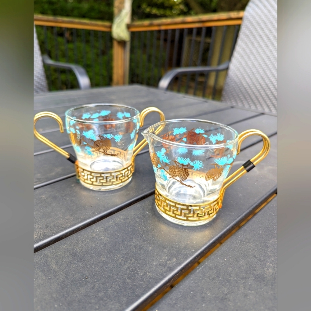 - Vintage Libbey David Douglas cream and sugar set with Gold tone Holders